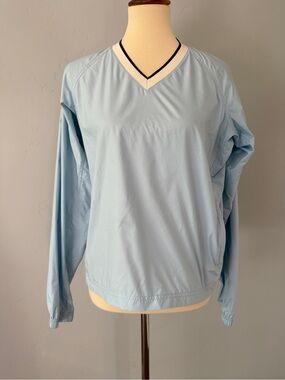 Tory Sport Baby Blue Windbreaker Golf Pullover V-Neck Navy/White Tipping Size L